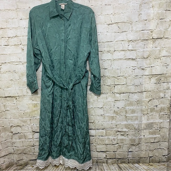 H&M Green Jacquard Paisley Print Weave Button Up Lace Dress - Picture 2 of 9